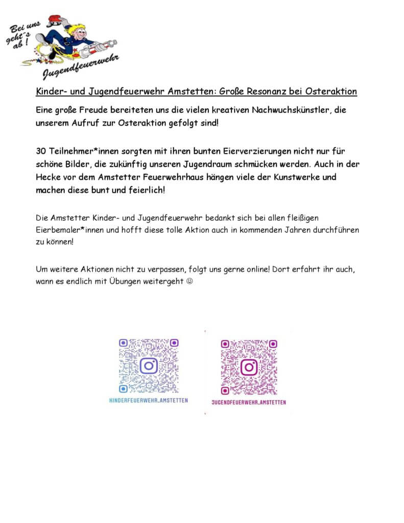 Kinder- und Jugendfeuerwehr Amstetten - Große Resonanz bei Osteraktion 2021