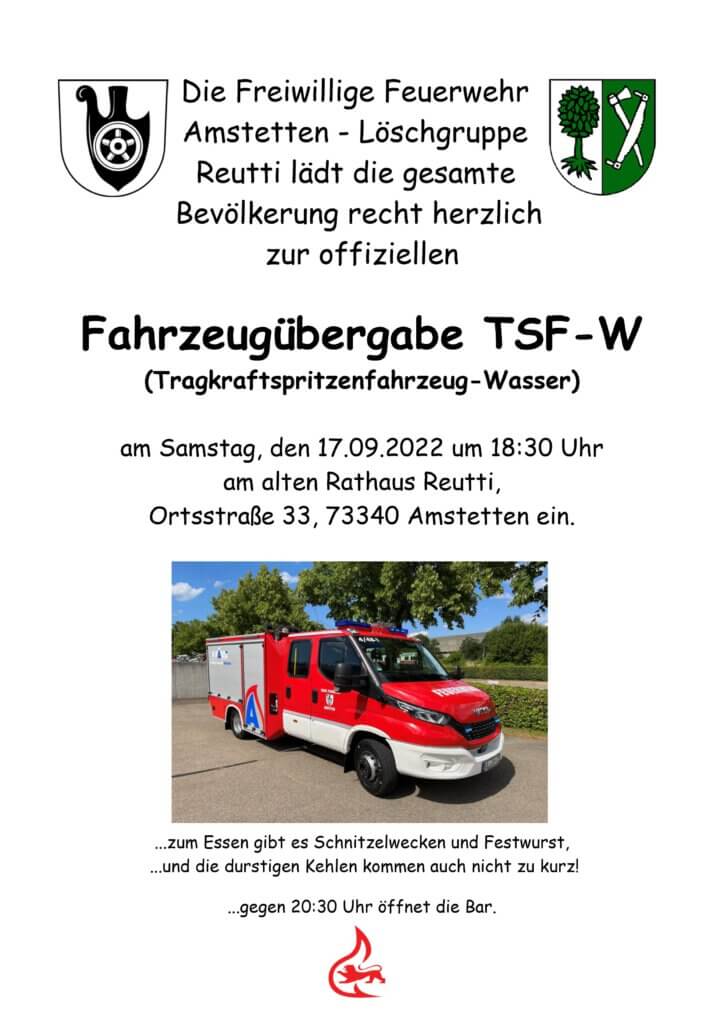 Einladung Fahrzeugübergabe TSF-W Reutti